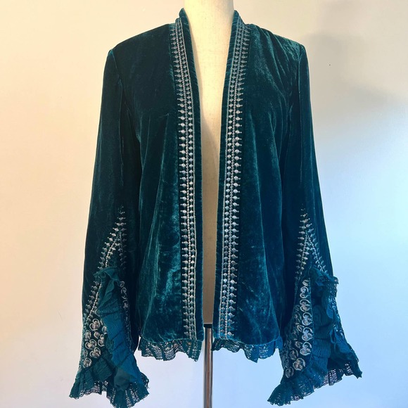 Free People Jackets & Blazers - Free People Scarlett Velvet Bed Jacket Blue / Embroidered Lace Bell Sleeve